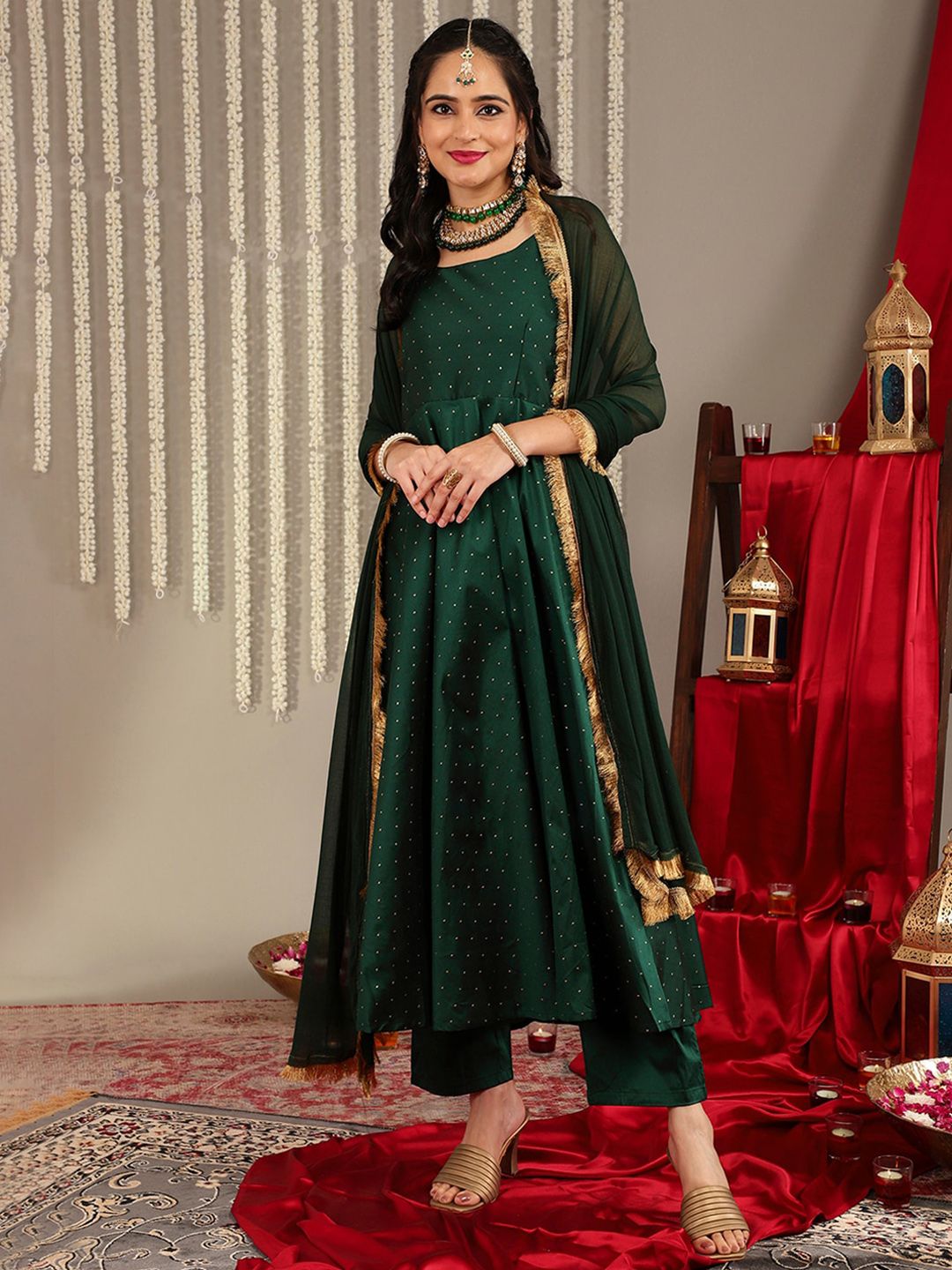 Indyancart VA Women'sWoven Design Shoulder Straps Zari Detail Anarkali Kurta & Trousers With Dupatta