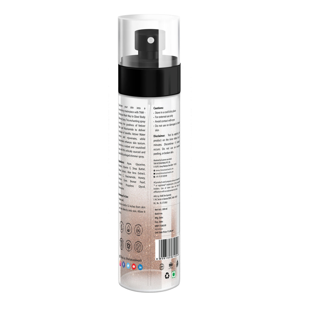 TNW The Natural Wash Glow Body Shimmer Spray hydrates skin and enhances texture with a radiant finish.