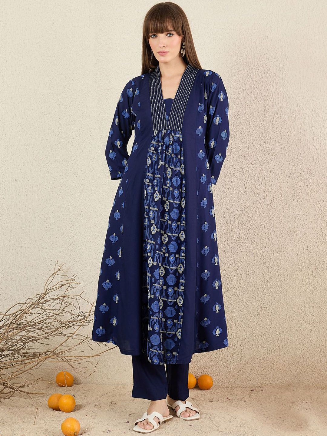 Indyancart IE Women Quirky Printed Cotton Kurta with Trousers & Dupatta