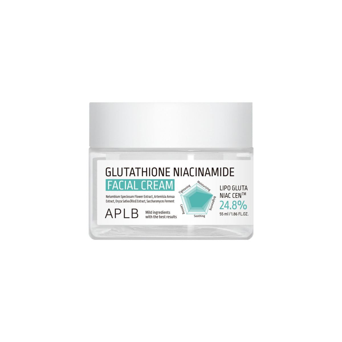 APLB Glutathione and Niacinamide facial cream jar showing creamy texture and product label for brightening skincare.