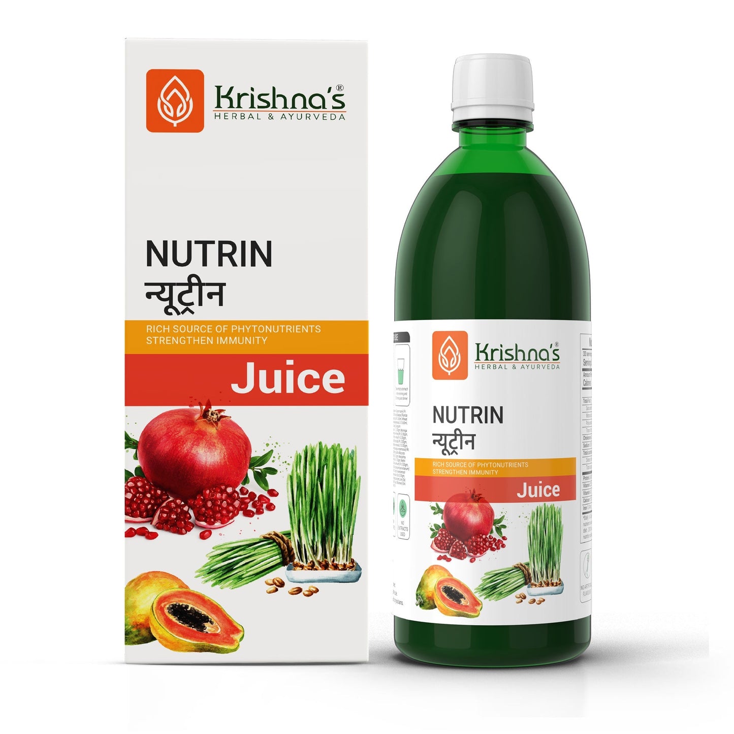 Krishna's Herbal & Ayurveda Nutrin Juice bottle featuring vibrant label, herbal ingredients, and Ayurvedic drink packaging.