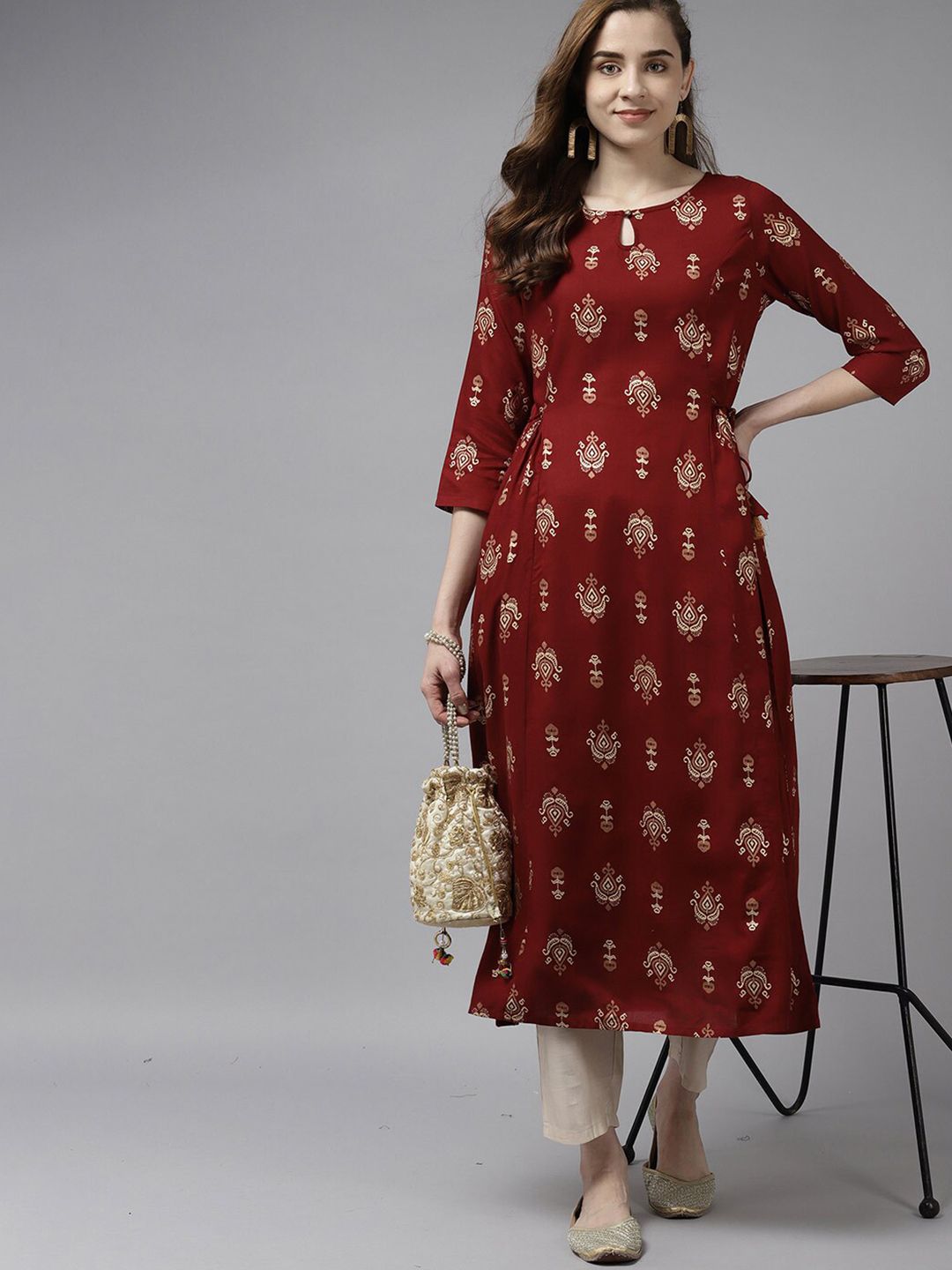Indyancart IE Women Maroon Ethnic Motifs Printed Keyhole Neck Anarkali Kurta