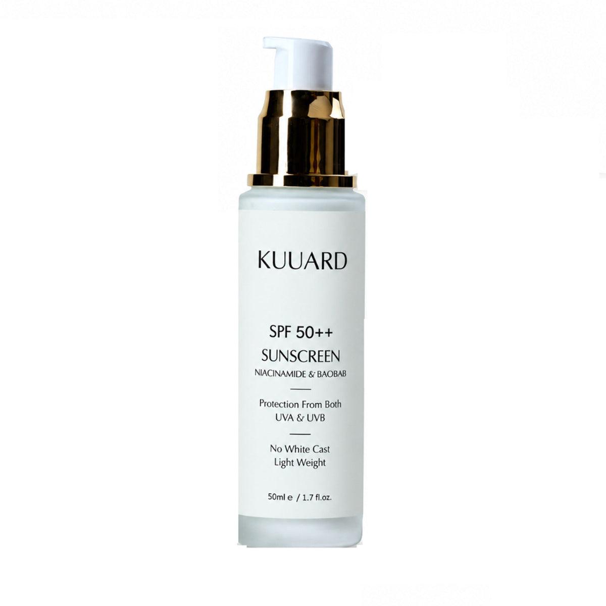 KUUARD Niacinamide Sunscreen SPF 50 PA++++ bottle with non-sticky formula and Baobab for oil control and skin protection.