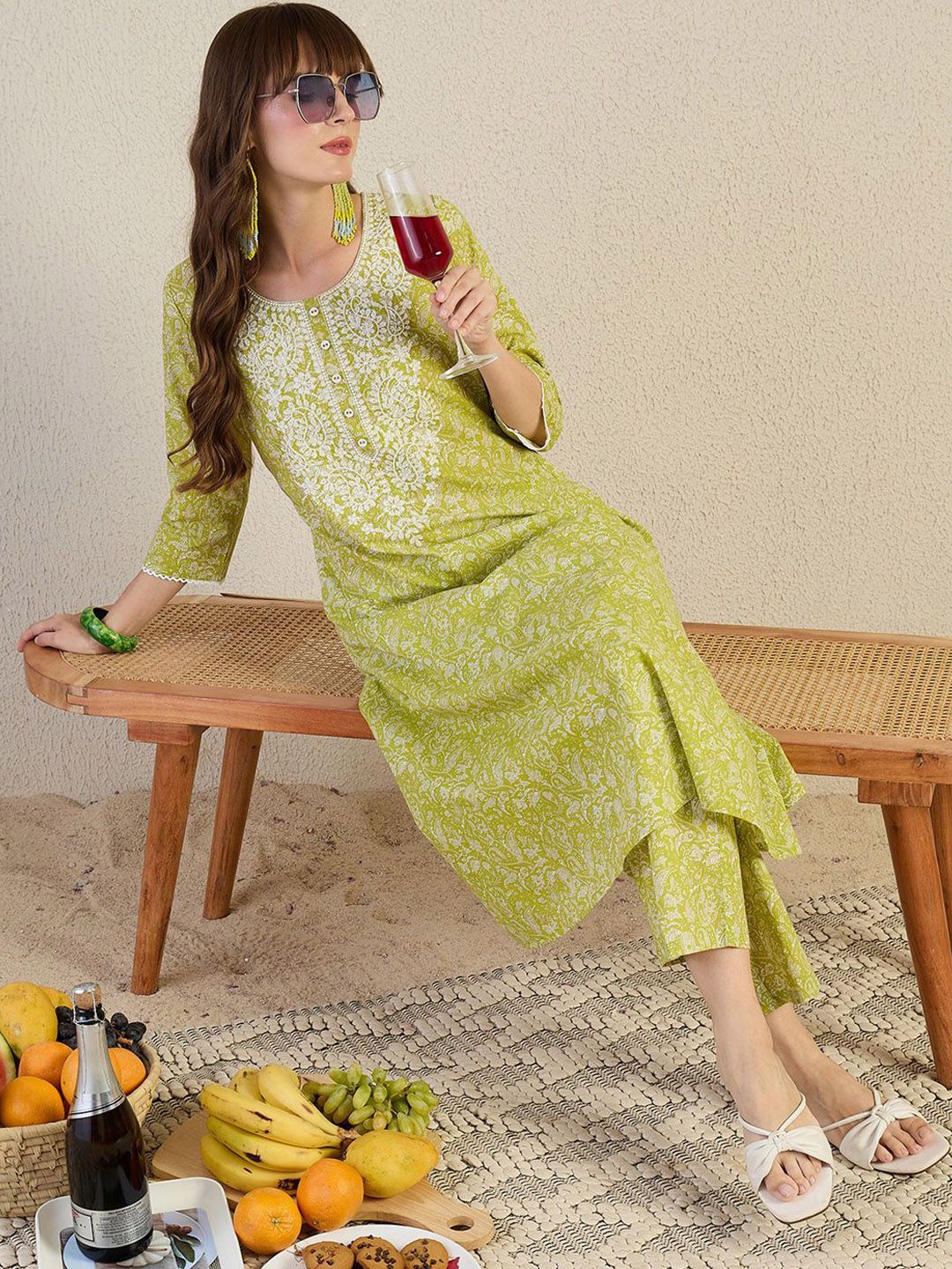 Indyancart IE Women Paisley Printed Regular Thread Work Pure Cotton Kurta with Trousers