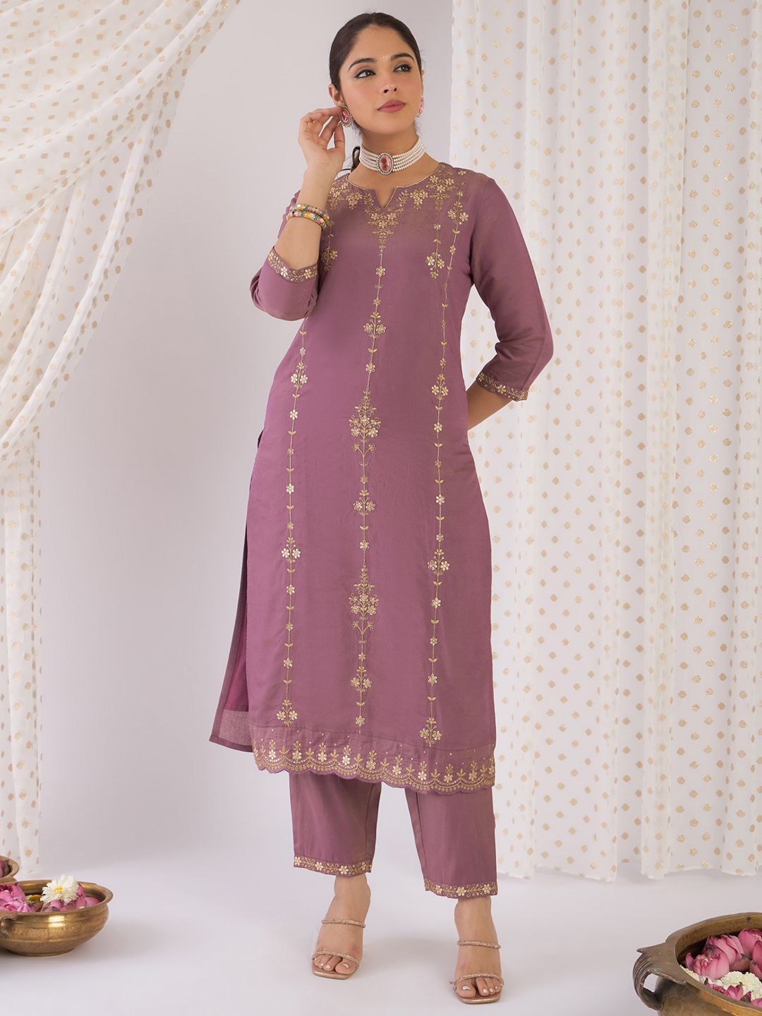 Indyancart IE Floral Embroidered Notch Neck Zari Straight Kurta With Trouser And Dupatta