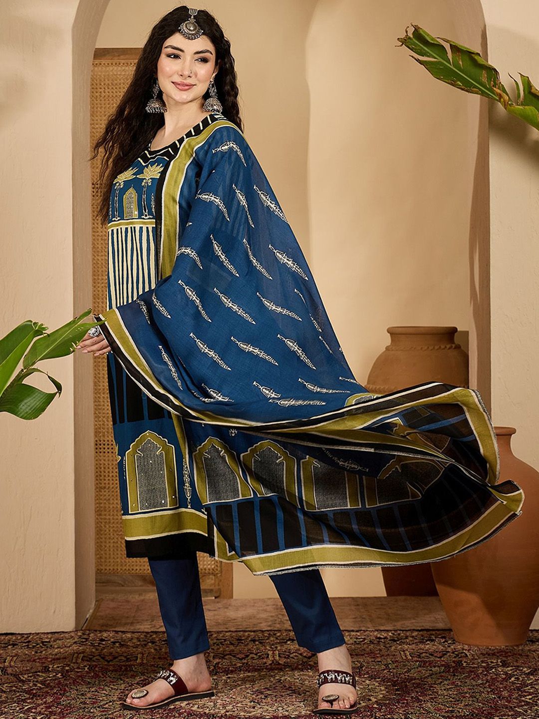 Indyancart SN Women's Striped Round Neck Sequinned Pure Cotton Straight Kurta with Trousers & Dupatta
