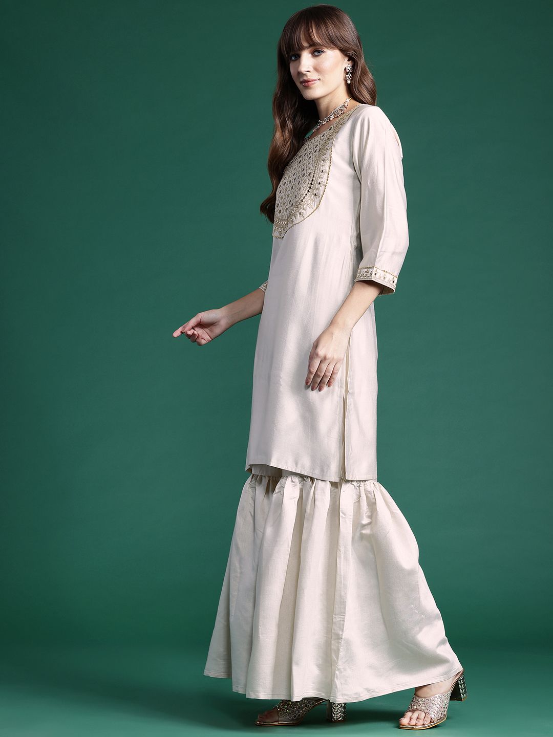 Indyancart IE Ethnic Motifs Embroidered Gotta Patti Liva Kurta With Sharara & Dupatta