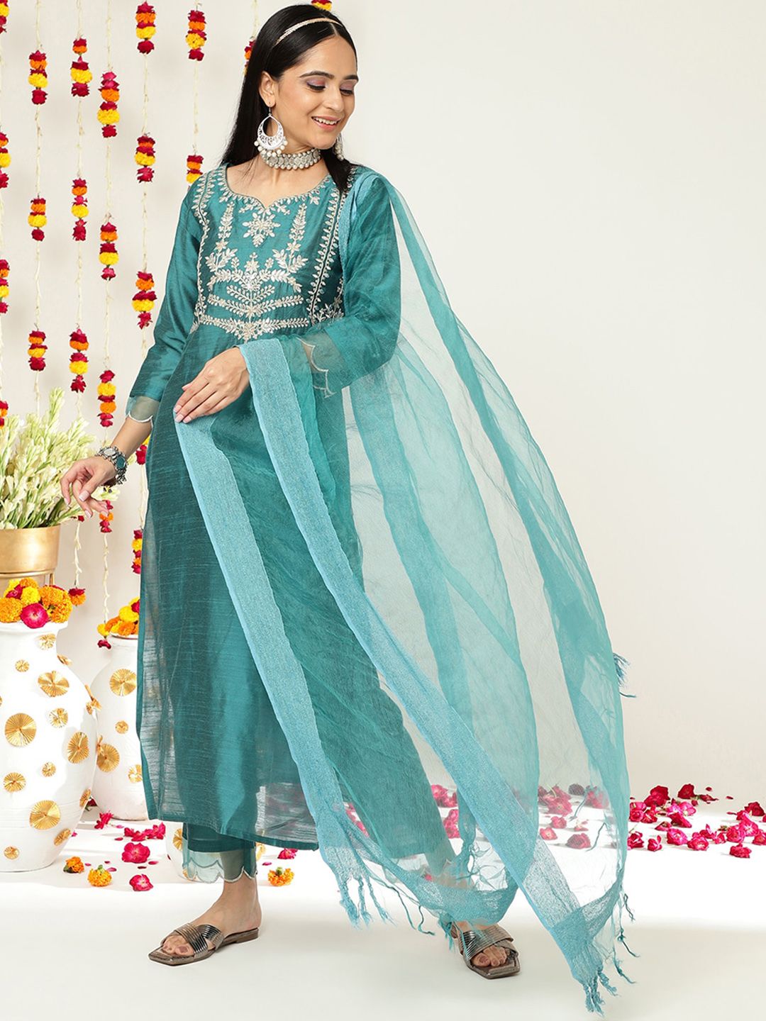 Indyancart VA Women'sEthnic Motifs Yoke Design A-Line Kurta With Trousers & Dupatta