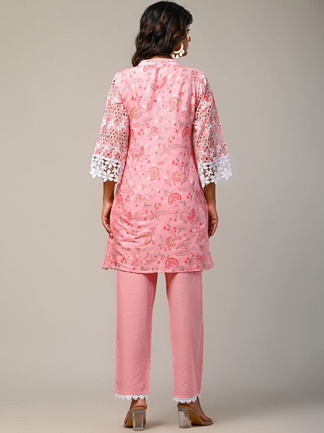 Indyancart IE Embroidered Mandarin Collar Pure Cotton Tunic With Trouser