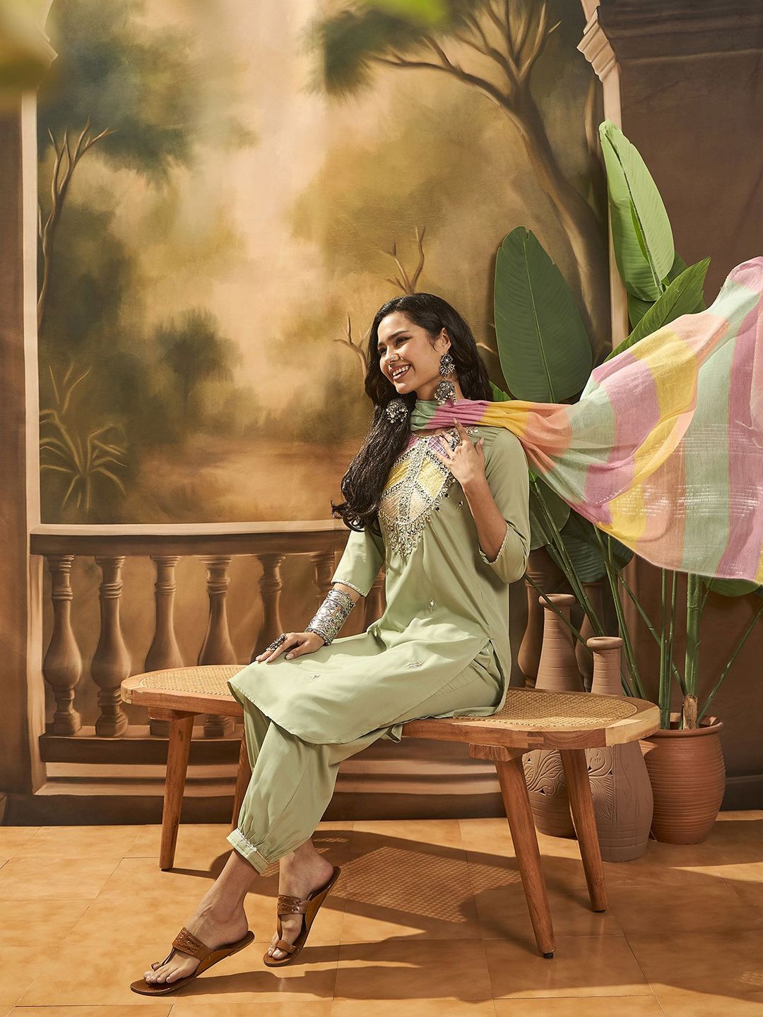 Indyancart SN Women's Floral Embroidered Straight Kurta With Trouser & Dupatta