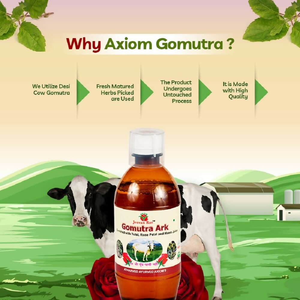 Axiom Goumotra Ark Ayurvedic drink in a clear glass bottle with label, showcasing its natural herbal ingredients and packaging.