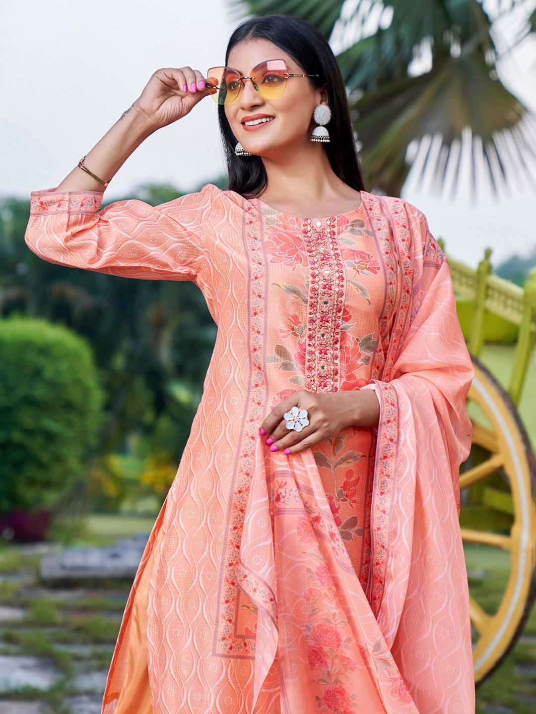 Indyancart IE Pink Floral Embroidered Round Neck Straight Kurta with Trousers & Dupatta