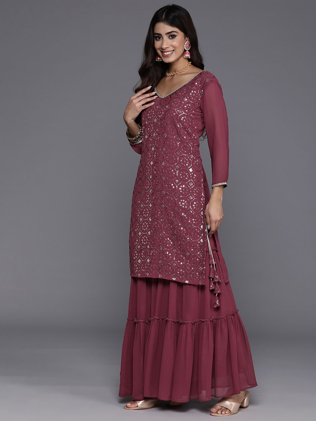 Indyancart IE Women Embroidered Straight Sequinned Kurta with Sharara & With Dupatta