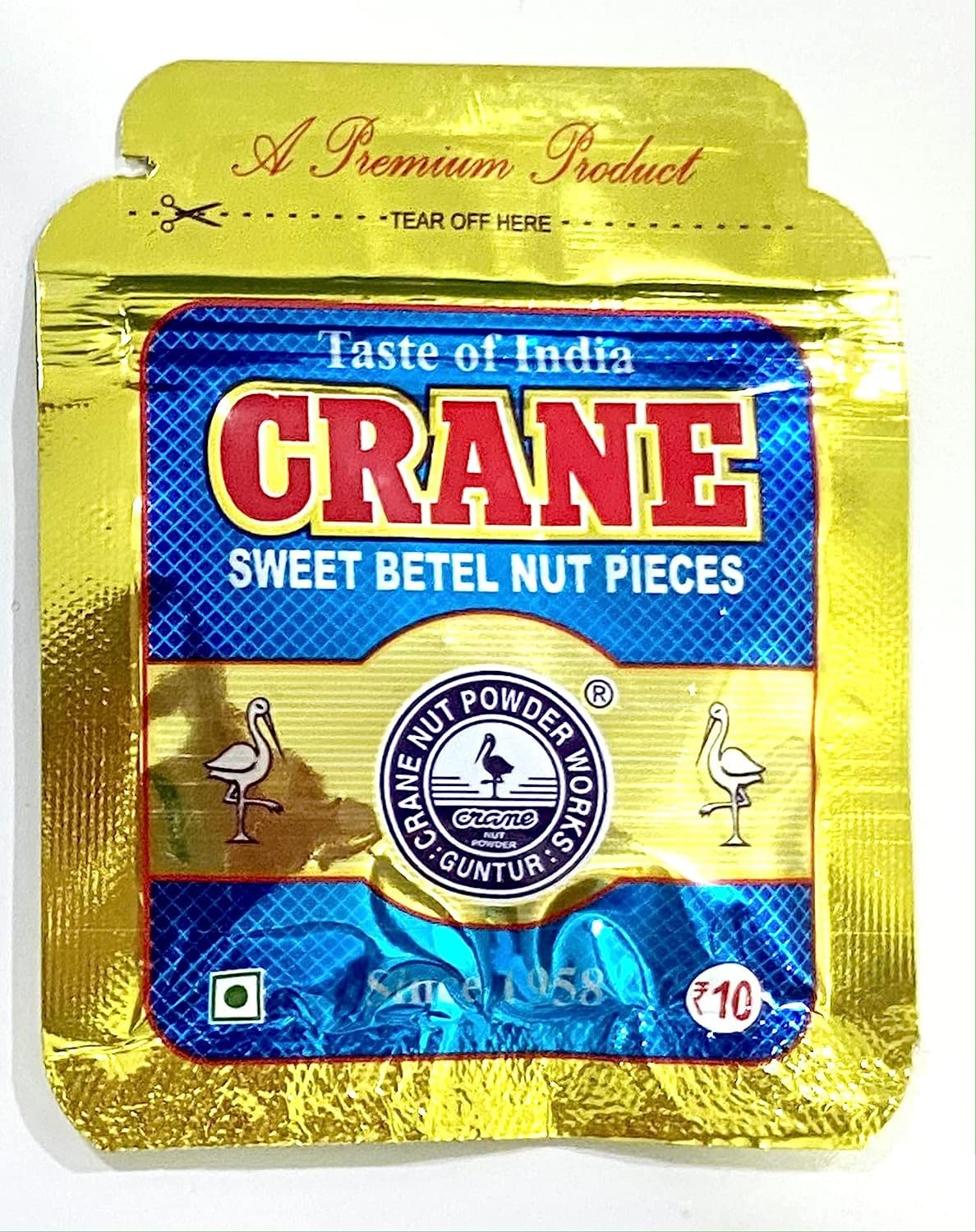 Crane Betel Nut Pieces in blue pouch, premium Indian mouth freshener, sweet supari snack, food product, mouth freshener, Crane brand