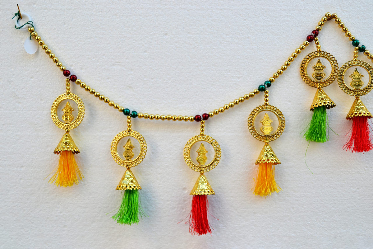 Kalash Pearl Beads Toran, Traditional Toranam, Pom Pom Hanging Bandarwal for Main Entrance Door Pooja Room Wall Home Decoration Handmade Latest Traditional Design (Type 12)