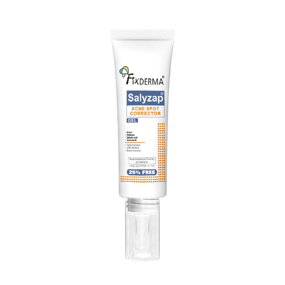 Fixderma Salyzap 2% Salicylic Acid Acne Spot Corrector gel with niacinamide for pimples and blemish treatment.