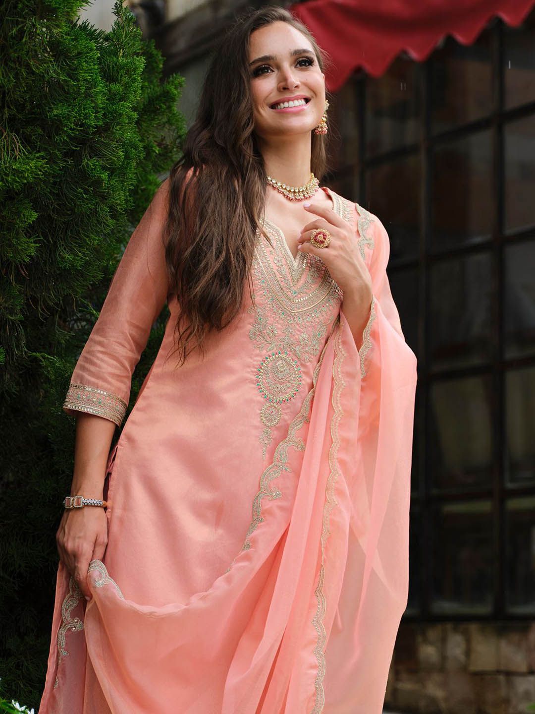 Indyancart IE Floral Yoke Design Notch Neck Straight Kurta With Trousers & Dupatta