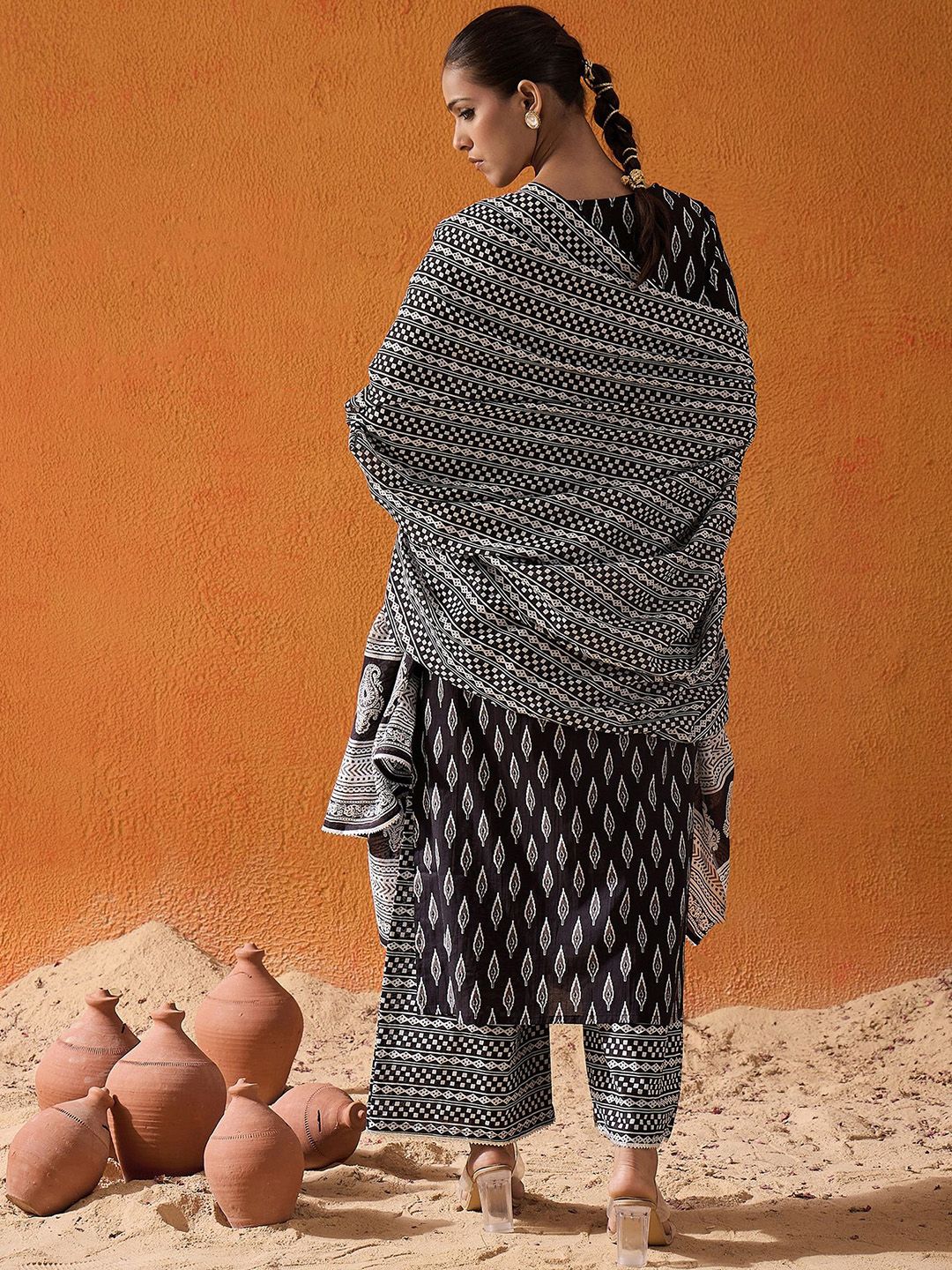 Dhiyona IE Geometric Printed Mirror Work Pure Cotton Kurta With Palazzos & Dupatta