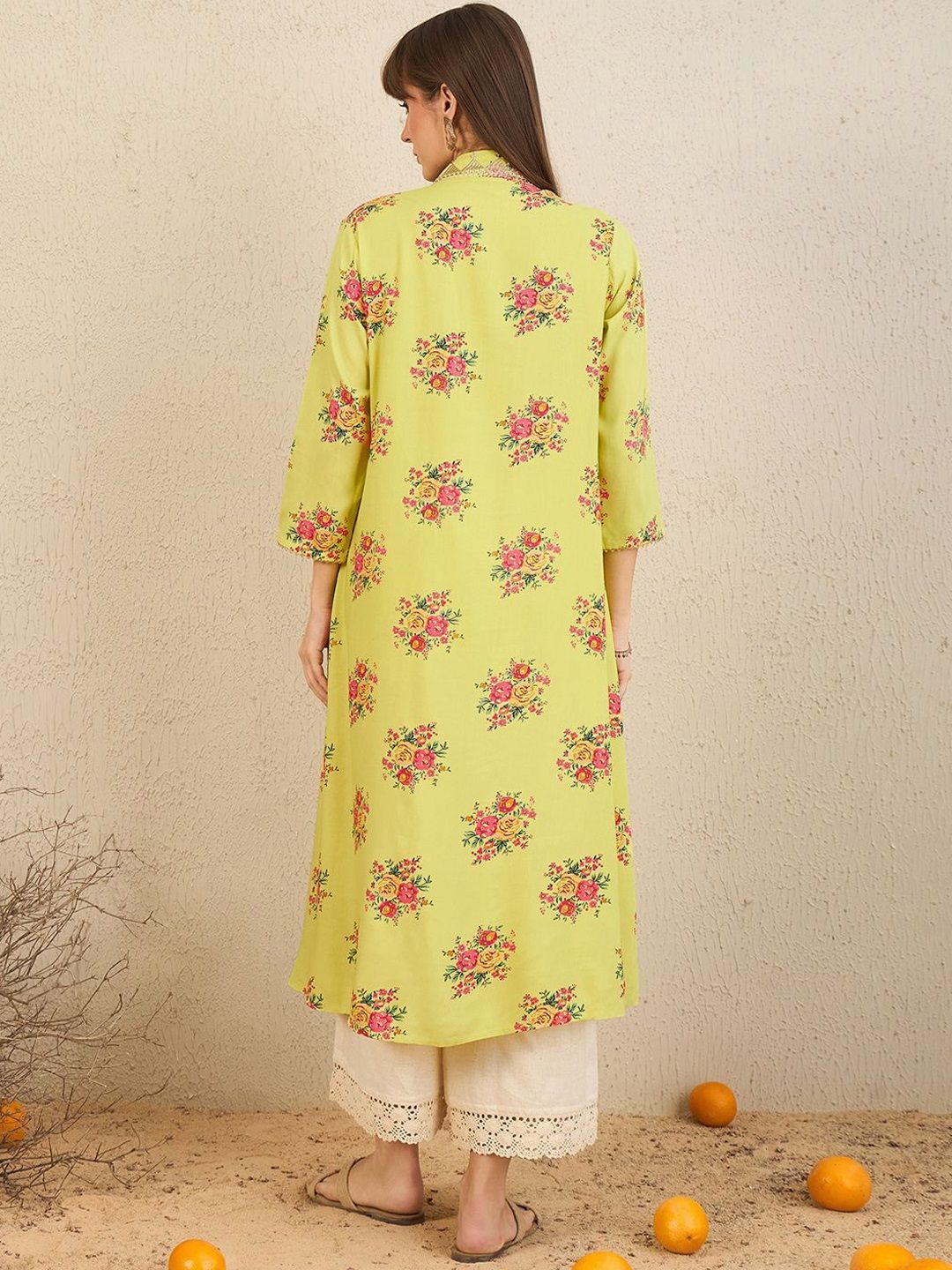 Indyancart IE Pack Of 2 Floral Embroidered V-Neck Zari Panelled A-Line Kurta