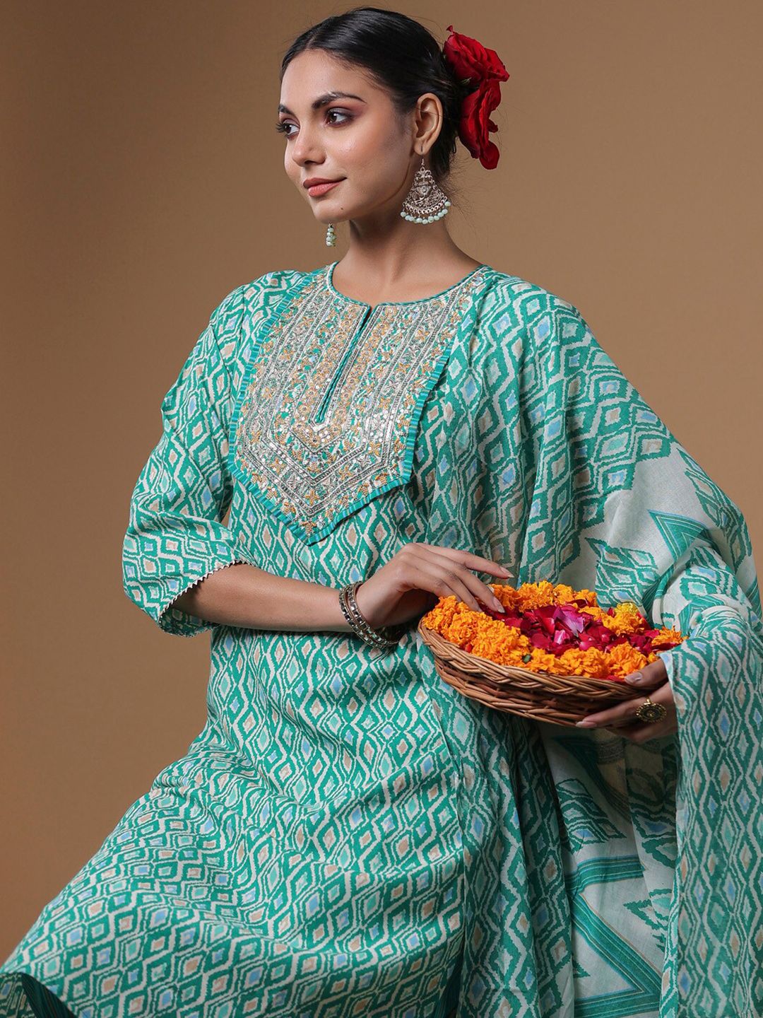 Indyancart IE Geometric Printed Sequined Pure Cotton Straight Kurta With Trouser & Dupatta