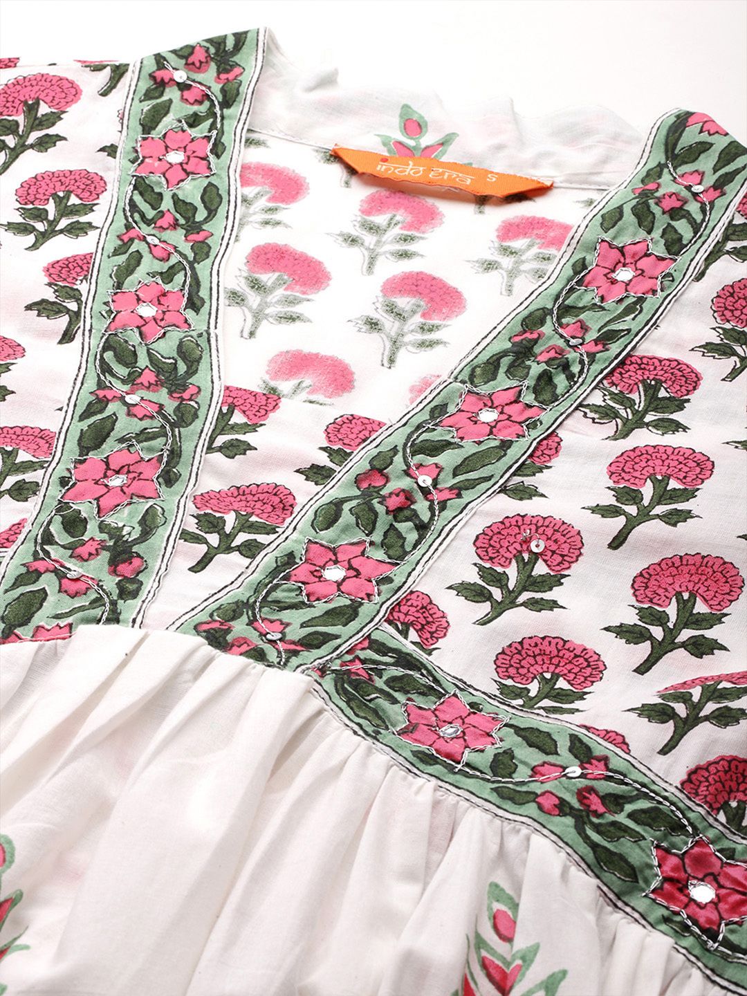 Dhiyona IE Women Ethnic Motifs Printed Empire Mirror Work Pure Cotton Kurta with Trousers & With Dupatta