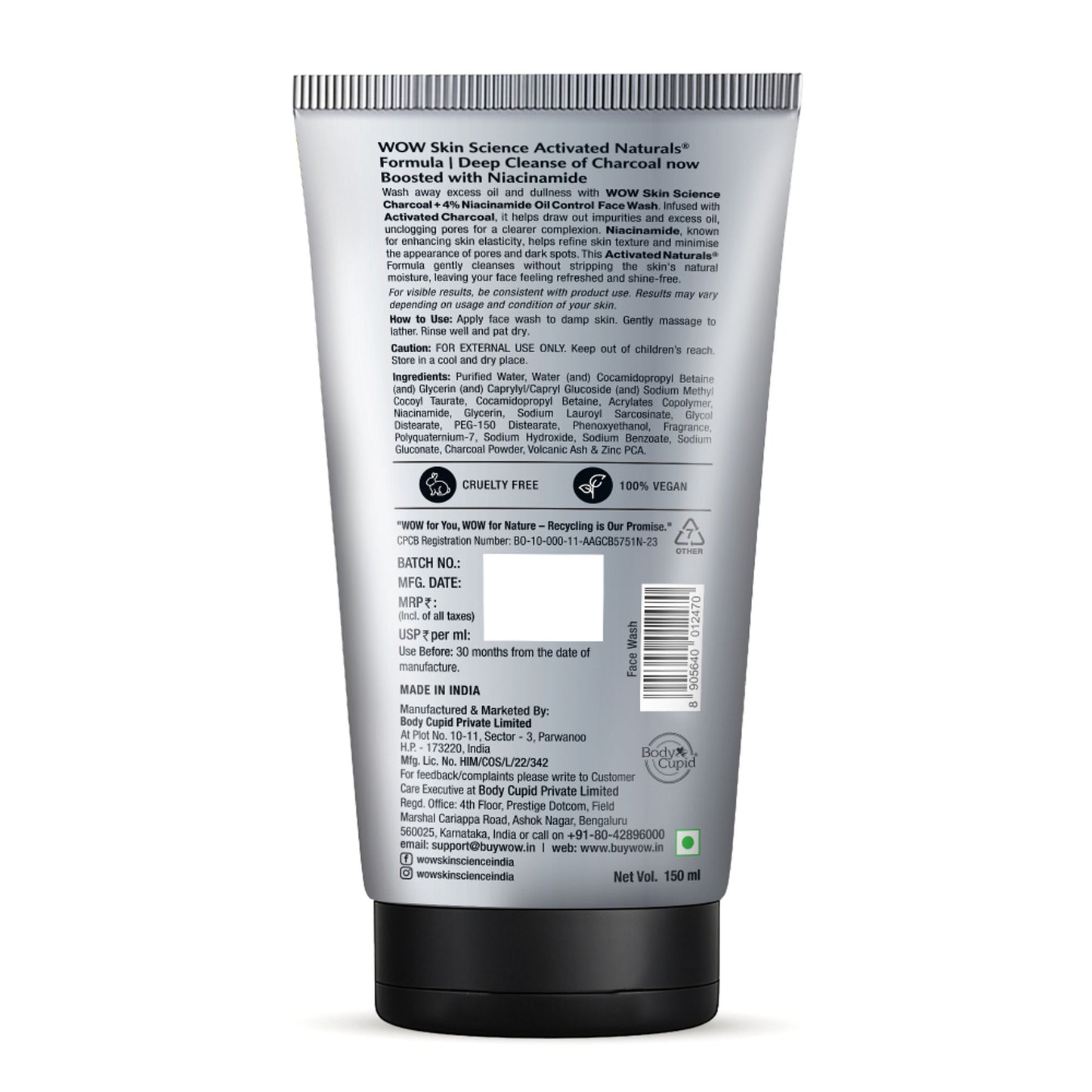 WOW Skin Science Men Charcoal + Niacinamide Oil-Control Face Wash