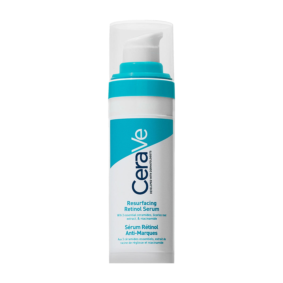 CeraVe Resurfacing Retinol Serum featuring licorice root extract and niacinamide for reducing acne marks and skin renewal.