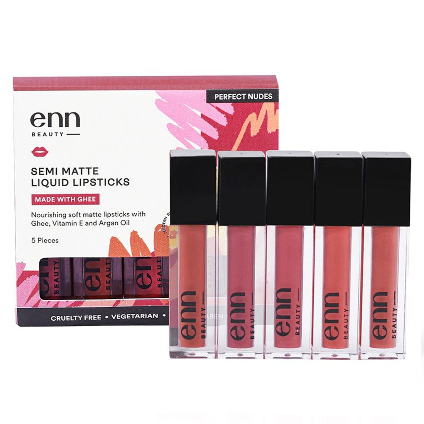 ENN Semi-Matte 12-Hrs Stay & Waterproof Liquid Lipstick Kit For Soft Lips- Perfect Nudes- Set of 5