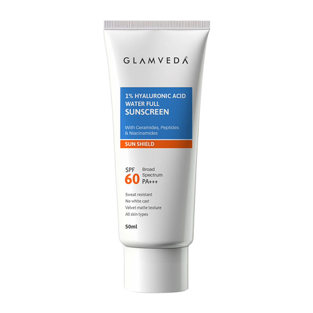 Glamveda 1% Hyaluronic Acid Sunscreen SPF 60 PA+++ No White Cast & Sweat Resistant, All Skin Type