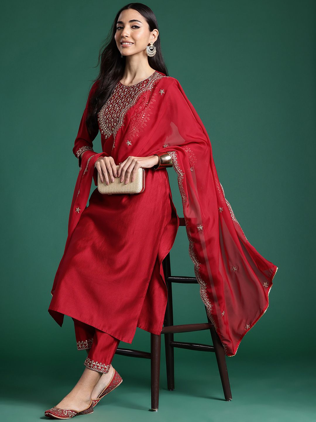 Women Ethnic Motifs Embroidered Regular Sequinned Liva Kurta with Trousers & With Dupatta
