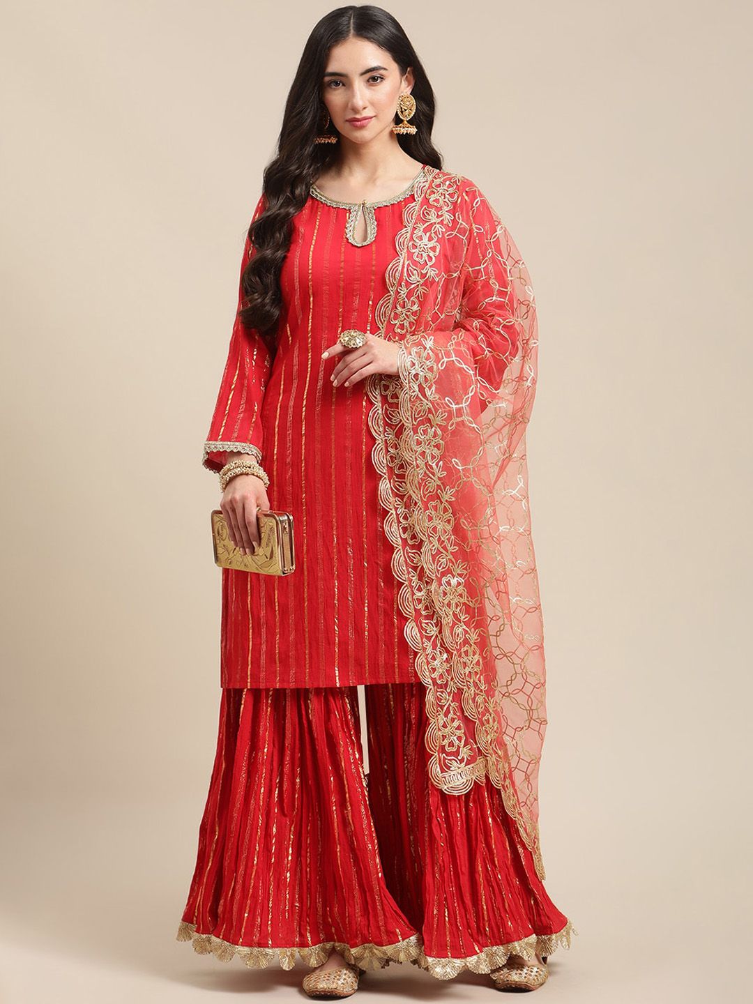 Indyancart VA Women's Red Embroidered Gotta Patti Kurta with Sharara & With Dupatta