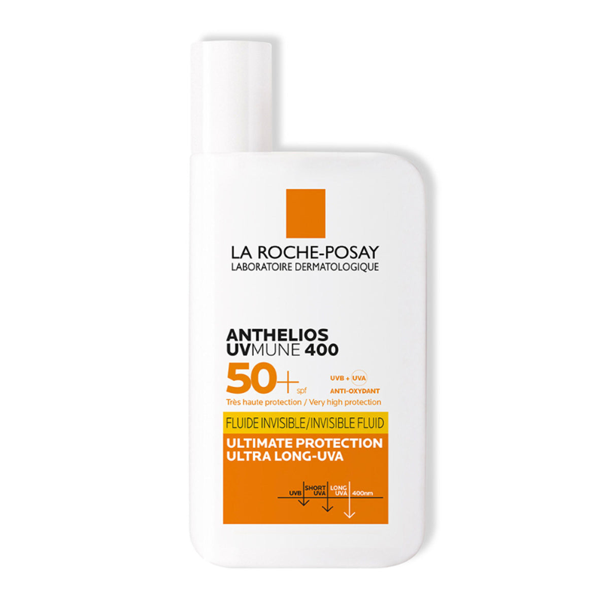 La Roche-Posay Anthelios UVMUNE400 SPF50+ ultra-light invisible fluid sunscreen for sensitive skin, shown in a sleek bottle.