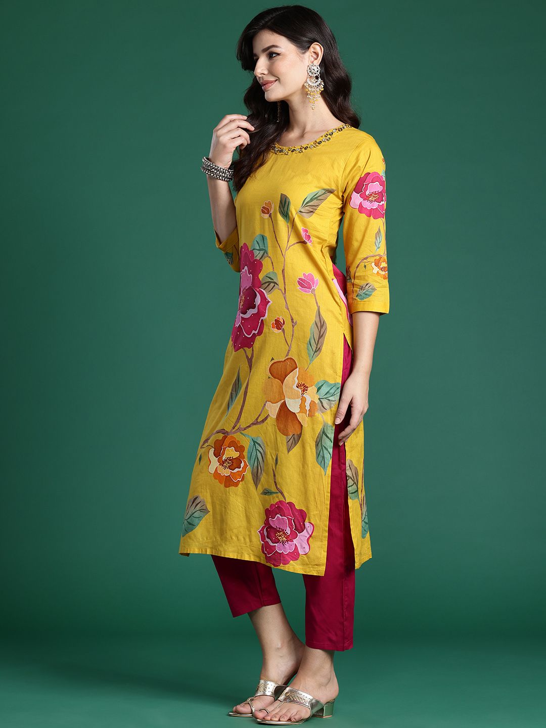 Dhiyona IE Floral Printed Beads & Stones Pure Cotton Kurta With Trousers & Dupatta