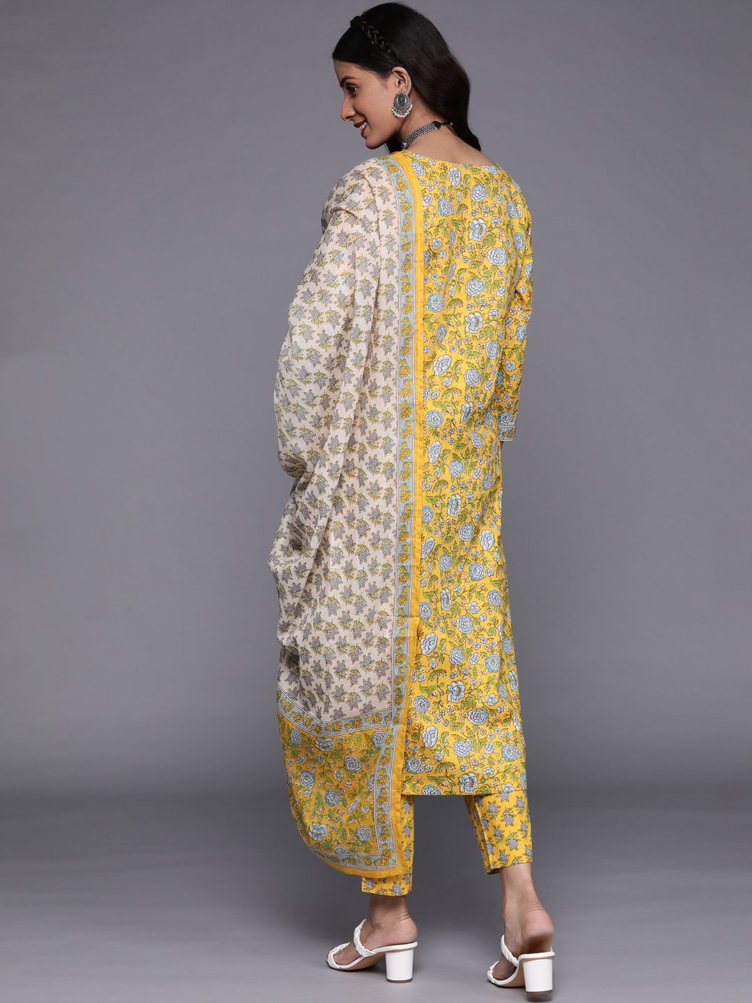 Indyancart VA Women's Yellow Floral Printed Pure Cotton Kurta with Trousers & With Dupatta