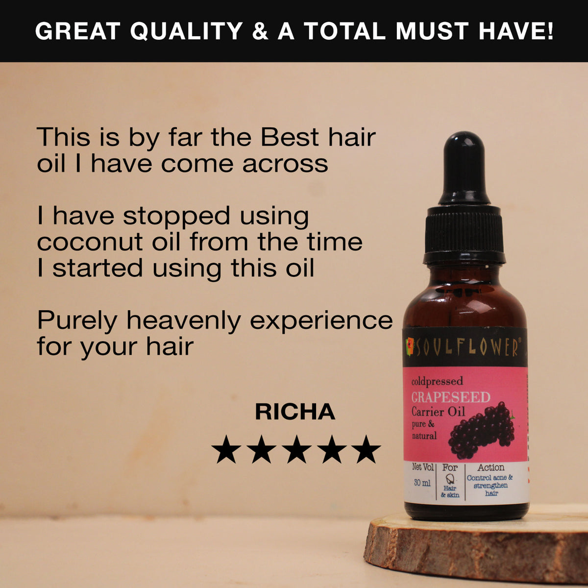 Soulflower Organic Grapeseed Face Serum & Carrier Hair Oil For Glowing Skin, Acne, Cold-Pressed