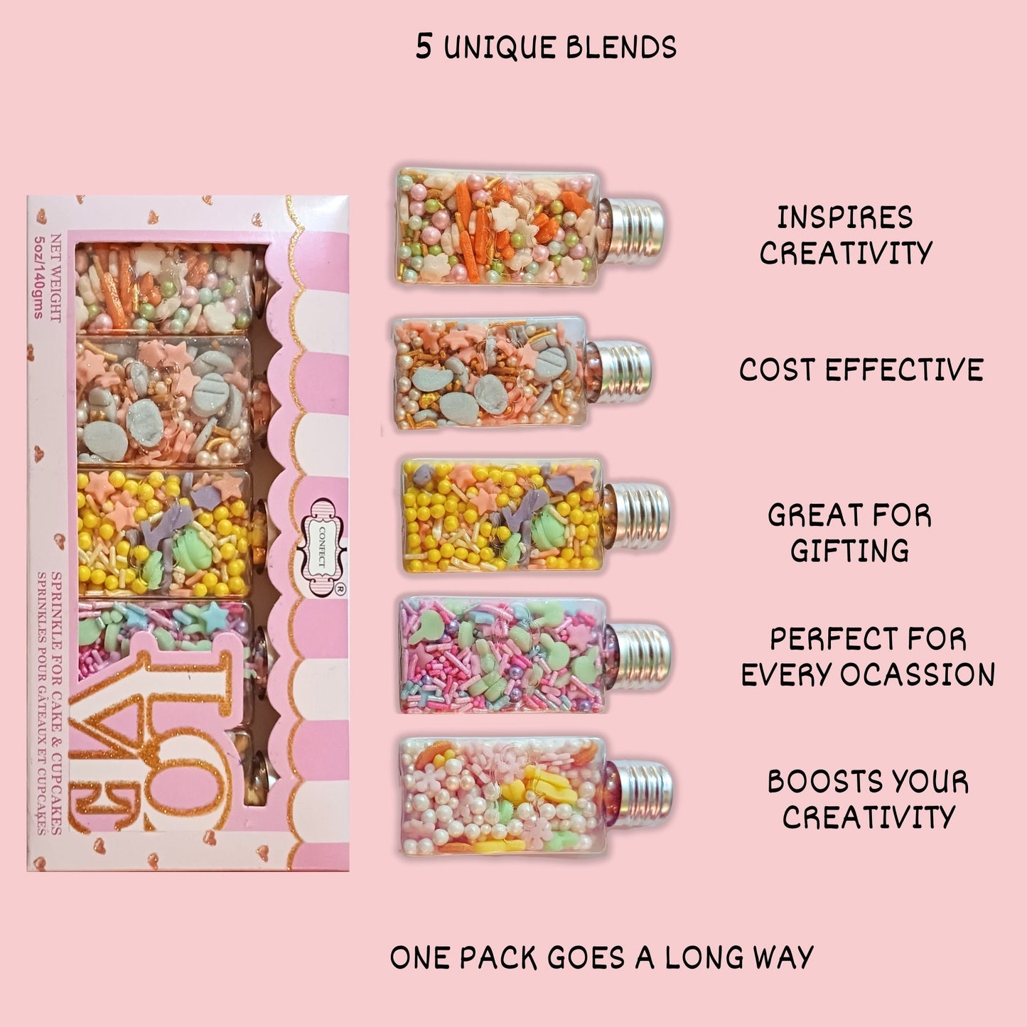 Confect Easter Sprinkles Edible | White, Pink and Gold Pearls, vermicelli , Easter Bunny & Stars Pack of 5 (EAST 12) - 100Gms