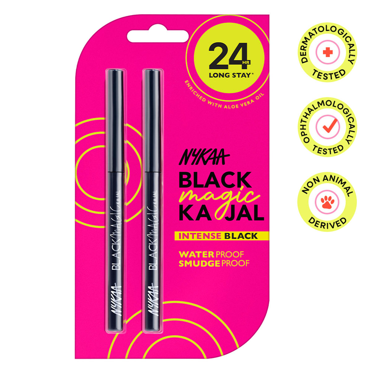 Nykaa Black Magic 24Hr longstay matte waterproof kajal eyeliner in deep black, paired in a pack of two, suitable for smudge-proof eye makeup.