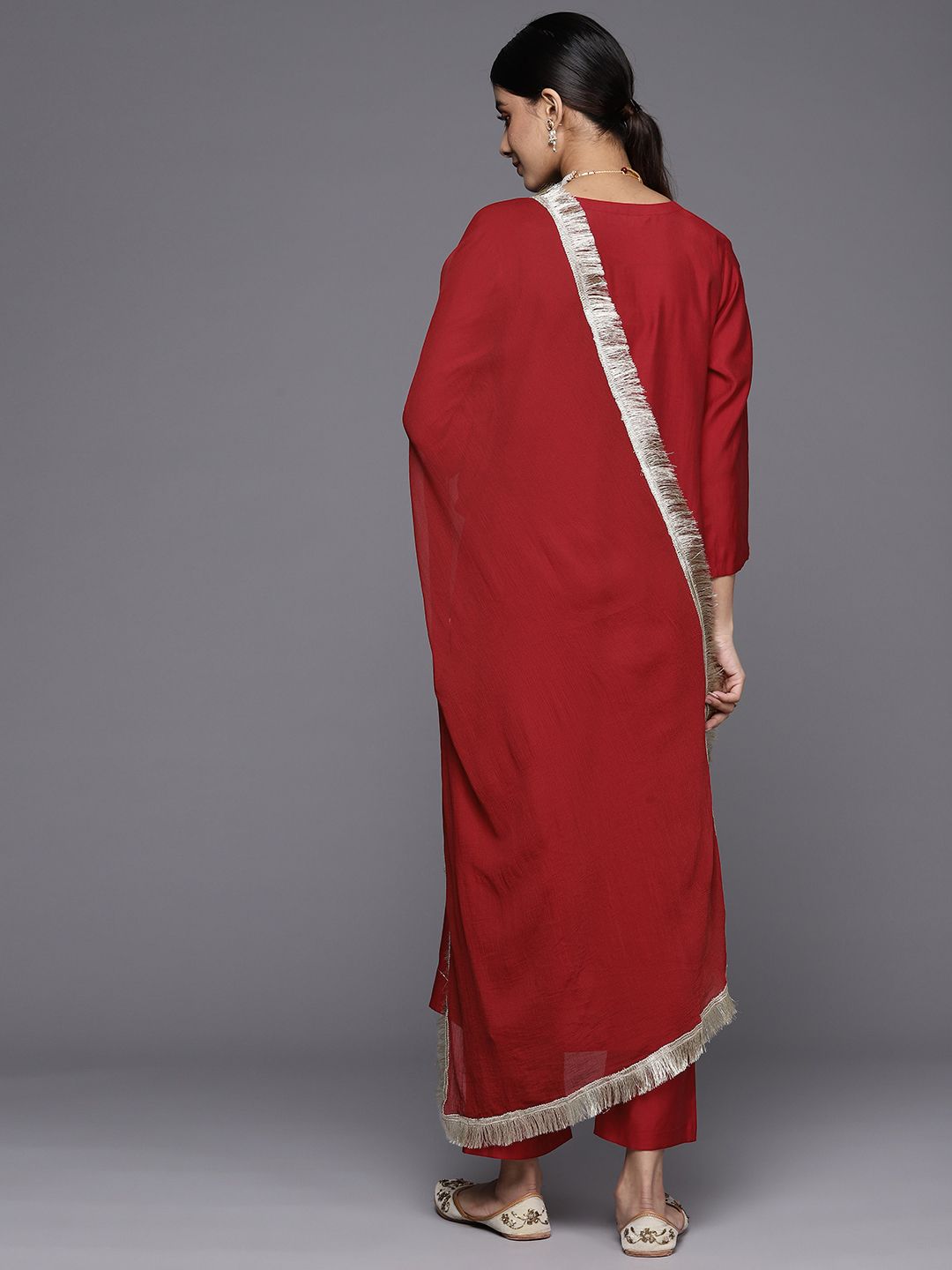 Indyancart VA Women's Red Floral Embroidered Sequinned Kurta with Trousers & With Dupatta