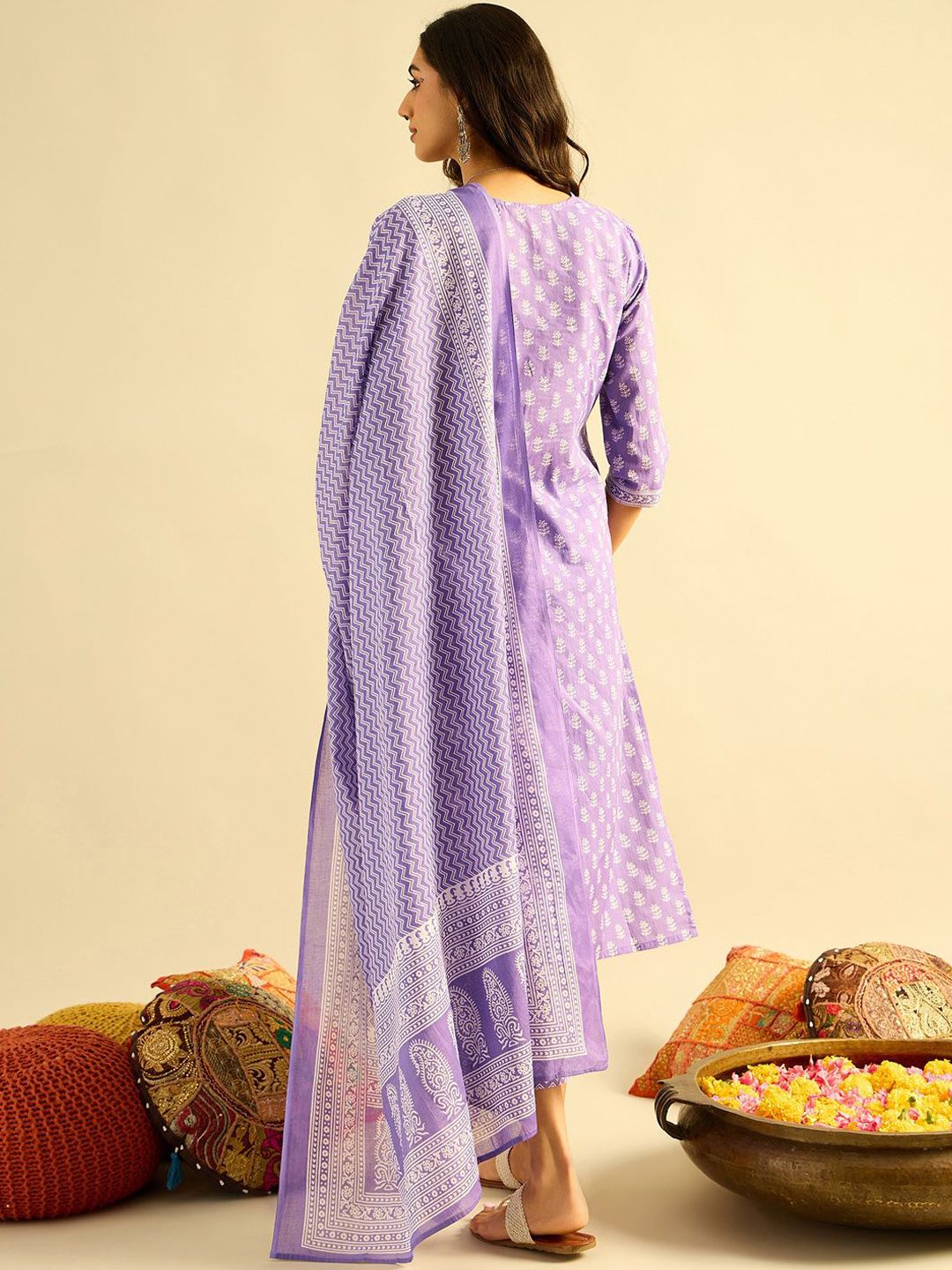 Indyancart IE Floral Printed Pure Cotton Kurta With Trousers & Dupatta