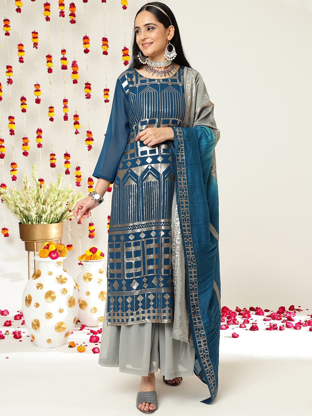 Indyancart VA Women'sEthnic motifs Embroidered Sequinned Straight Kurta & Sharara With Dupatta