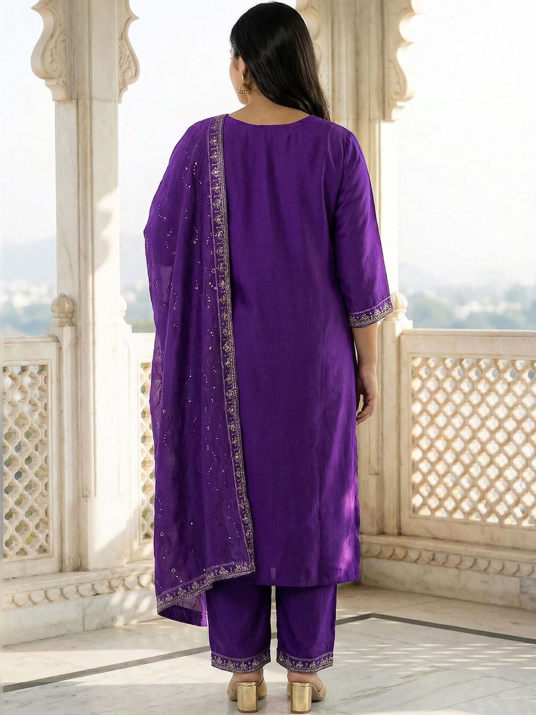 Indyancart Women's Ethnic Motifs Embroidered Regular Thread Work Kurta with Trousers & With Dupatta