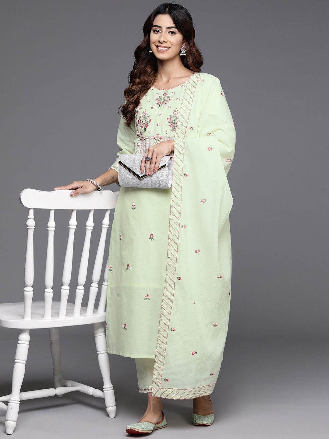 Indyancart VA Women'sFloral Embroidered Pure Cotton Straight Kurta With Trousers & Dupatta