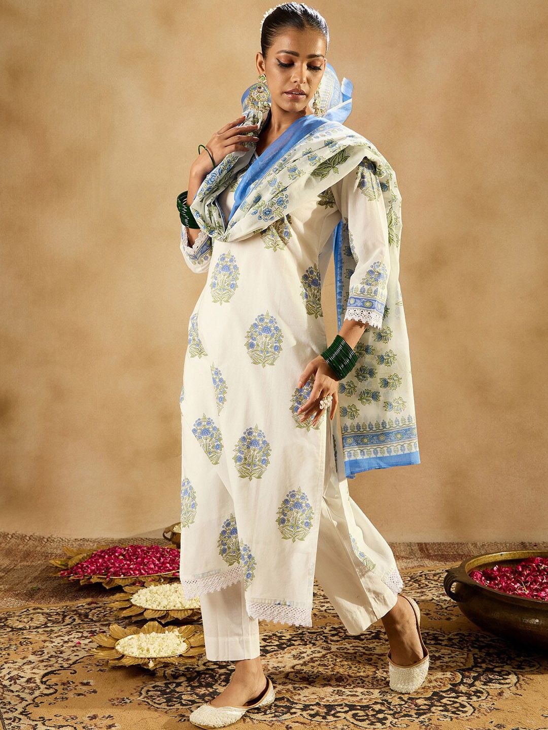 Indyancart IE Floral Printed Regular Sequinned Pure Cotton Kurta with Trousers & Dupatta