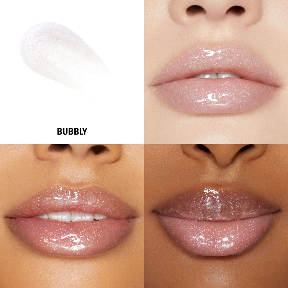 Kylie Cosmetics Plumping Lip Gloss in shade 818 Bubbly, showing a glossy, shimmering lip gloss tube with pink hue and clear packaging.