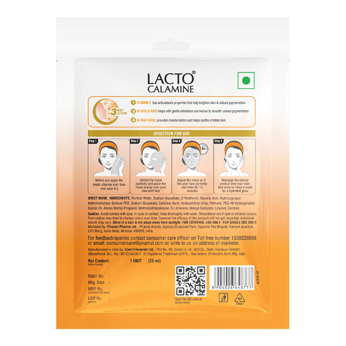 Lacto Calamine Vitamin C Face Sheet Mask with Antioxidant for Nourishing, Brightening & Glowing Skin