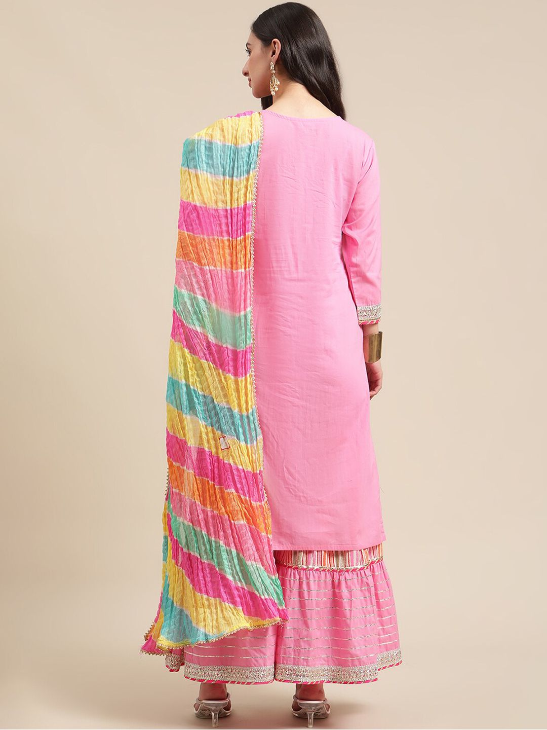 Indyancart VA Women's Pink Gotta Patti Pure Cotton Kurta with Sharara & Leheriya Dupatta