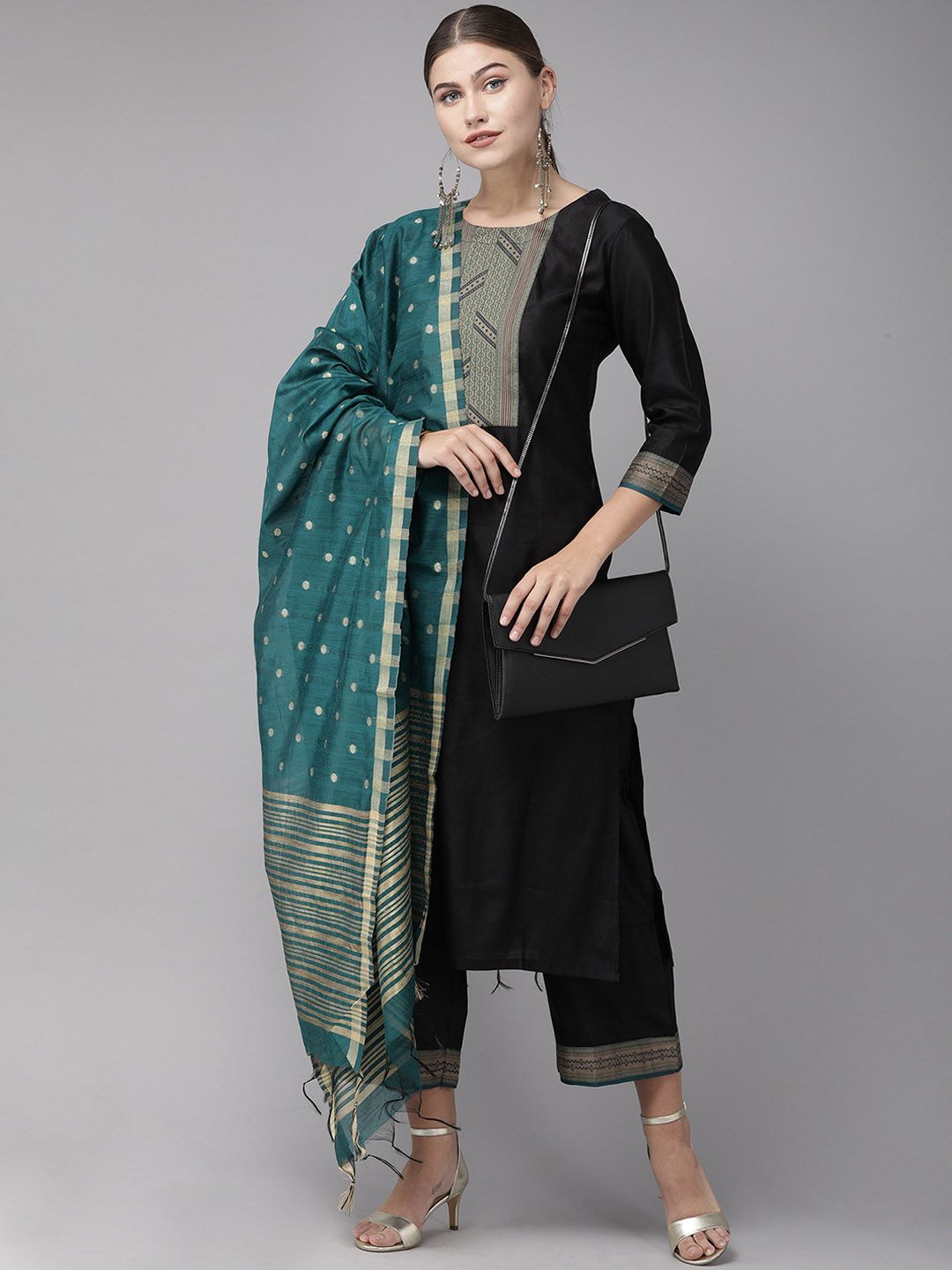 Indyancart IE Ethnic Motifs Yoke Design Patchwork Kurta With Palazzos & Dupatta