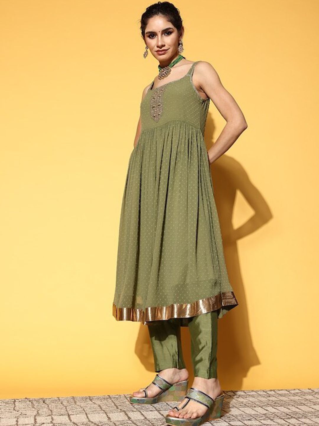 Indyancart VA Women'sSelf Design Empire Kurta With Trousers & Dupatta