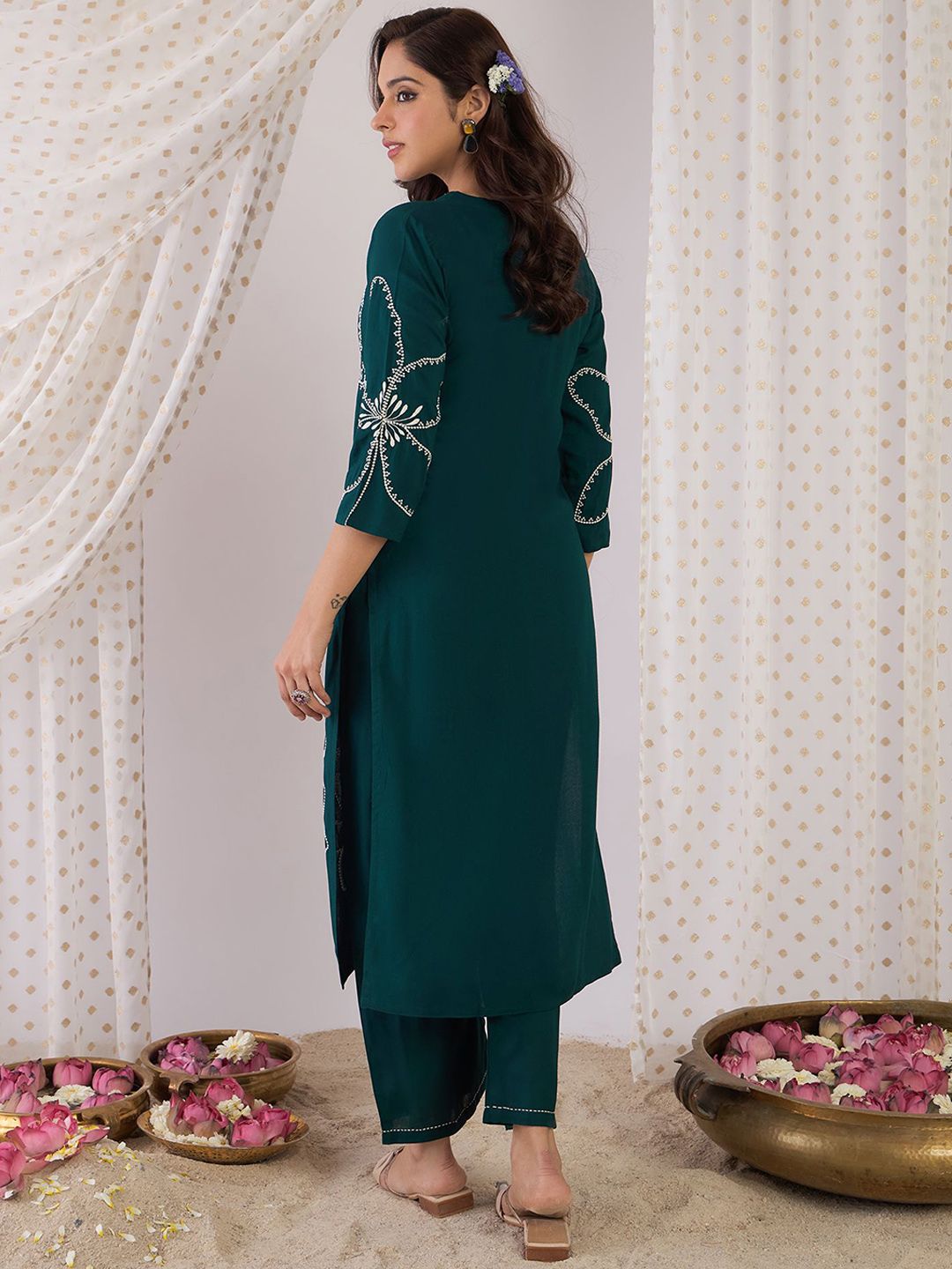 Indyancart IE Embroidered V-Neck Tunic With Trouser
