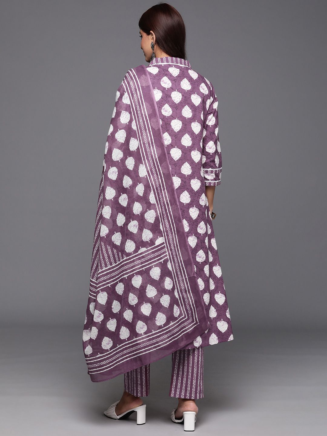 Indyancart VA Women'sFloral Printed Sequinned Pure Cotton Kurta with Trousers & Dupatta